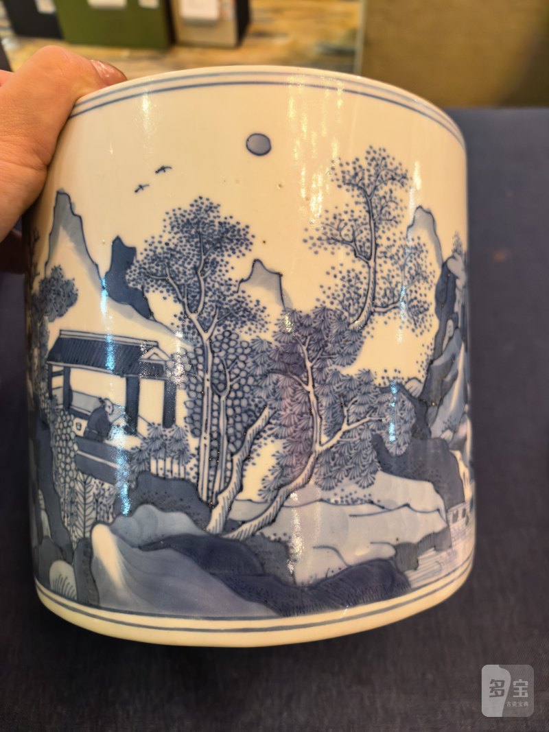 清康熙 青花山水人物笔筒 - 图7